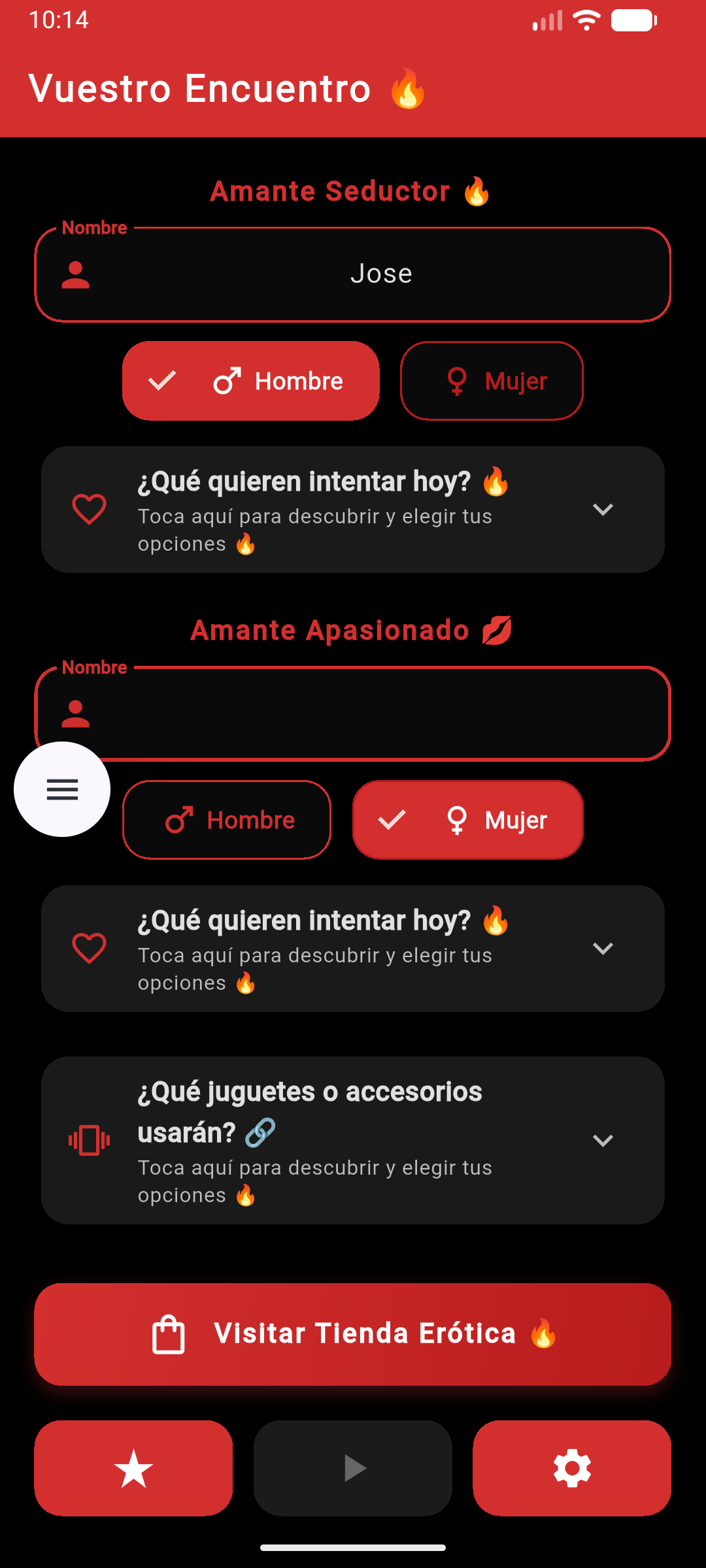 Pantalla principal de la app Desafío Erótico